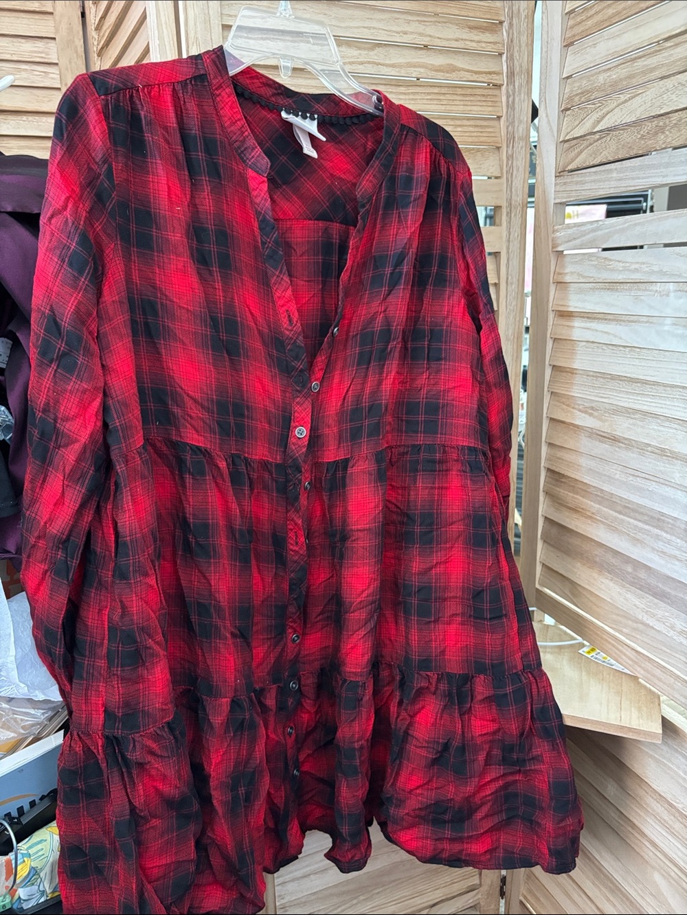 Knox Rose Red & Black Plaid Tiered Button-Front Dress XL